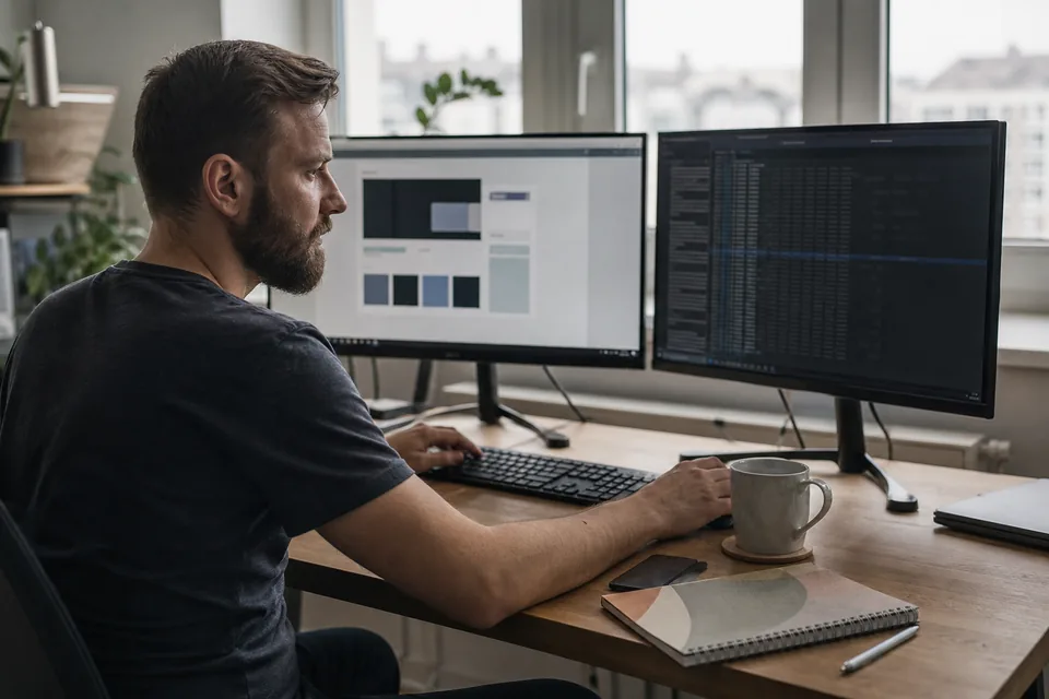 Specjalista WordPress sprawdza na dwóch monitorach kopię testową strony przed zmianą wersji PHP