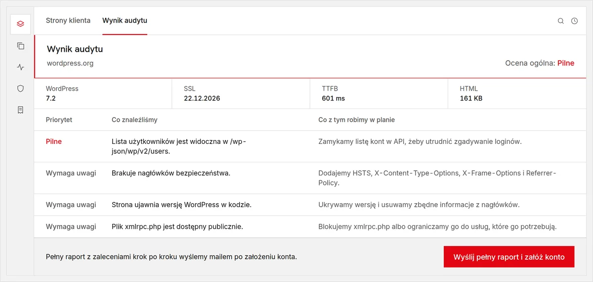 Wynik przeglądu strony w panelu: wersja WordPress, SSL, czas odpowiedzi i lista znalezisk z priorytetem
