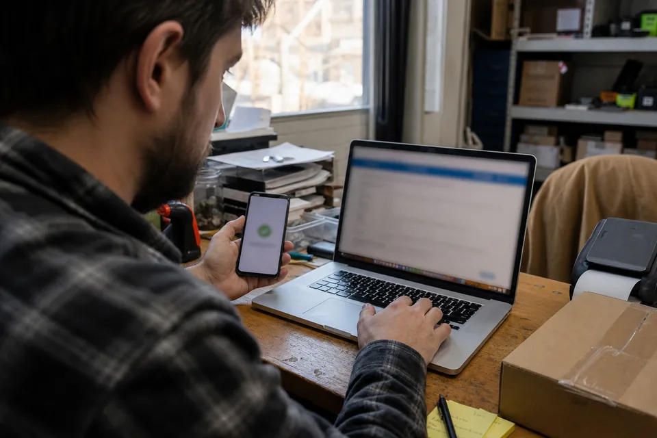 Technik przy laptopie składa zamówienie próbne w sklepie internetowym, obok telefon z płatnością i paczka przygotowana do wysyłki